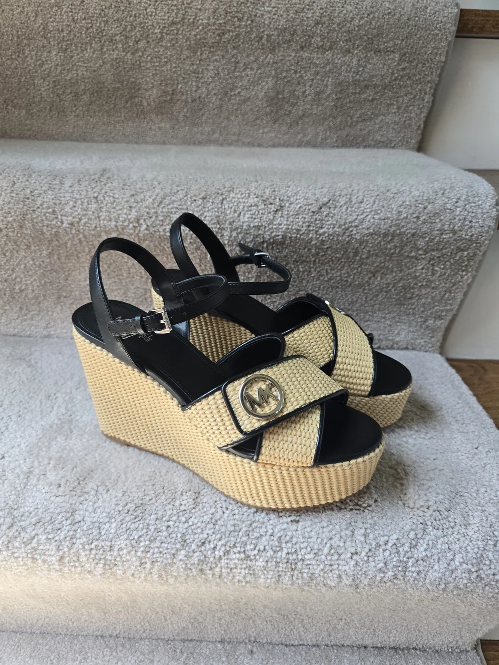 Michael Kors Black & Natural Woven Platform Wedge Sandals with MK Medallion
